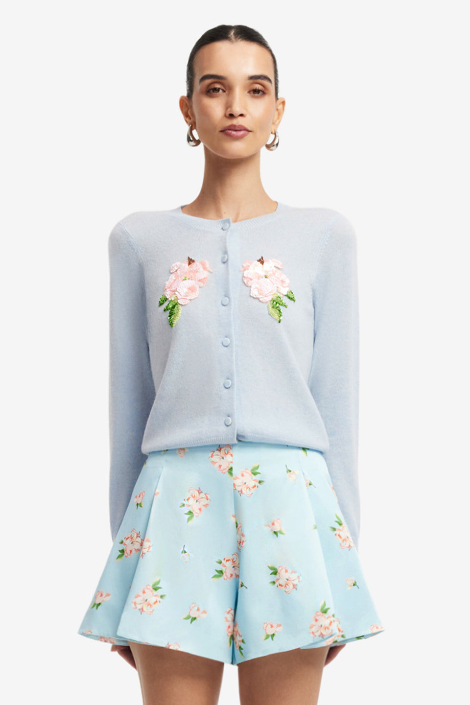 Exclusive LEO LIN Claire Embellished Knit Cardigan - Ditsy Floral Print in Blue