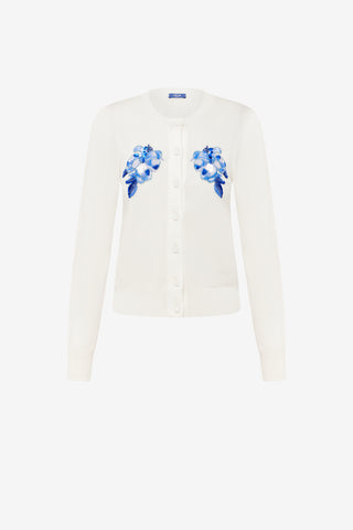 Exclusive LEO LIN Claire Embellished Knit Cardigan - Ditsy Floral Print in Snow