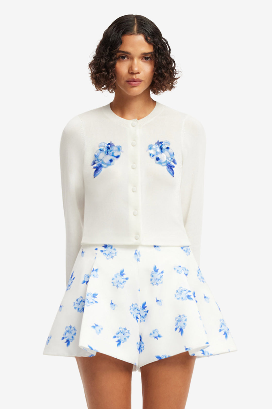 Exclusive LEO LIN Claire Embellished Knit Cardigan - Ditsy Floral Print in Snow