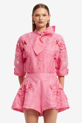 Brooklyn Appliqué Bow Puff Sleeve Top - Fuchsia Tops
