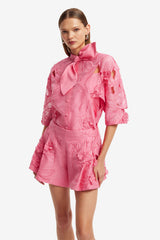 Brooklyn Appliqué Bow Puff Sleeve Top - Fuchsia Tops