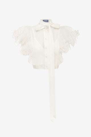 Exclusive LEO LIN Jasmine Applique Flutter Sleeve Top - Snow