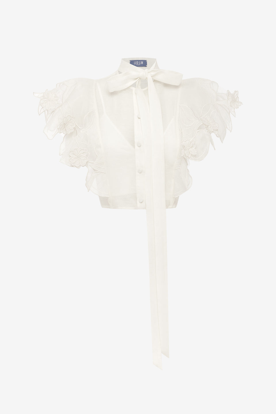 Exclusive LEO LIN Jasmine Applique Flutter Sleeve Top - Snow