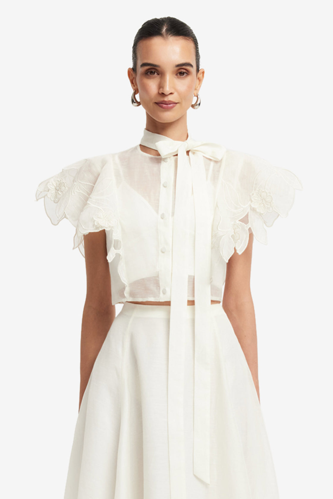 Exclusive LEO LIN Jasmine Applique Flutter Sleeve Top - Snow