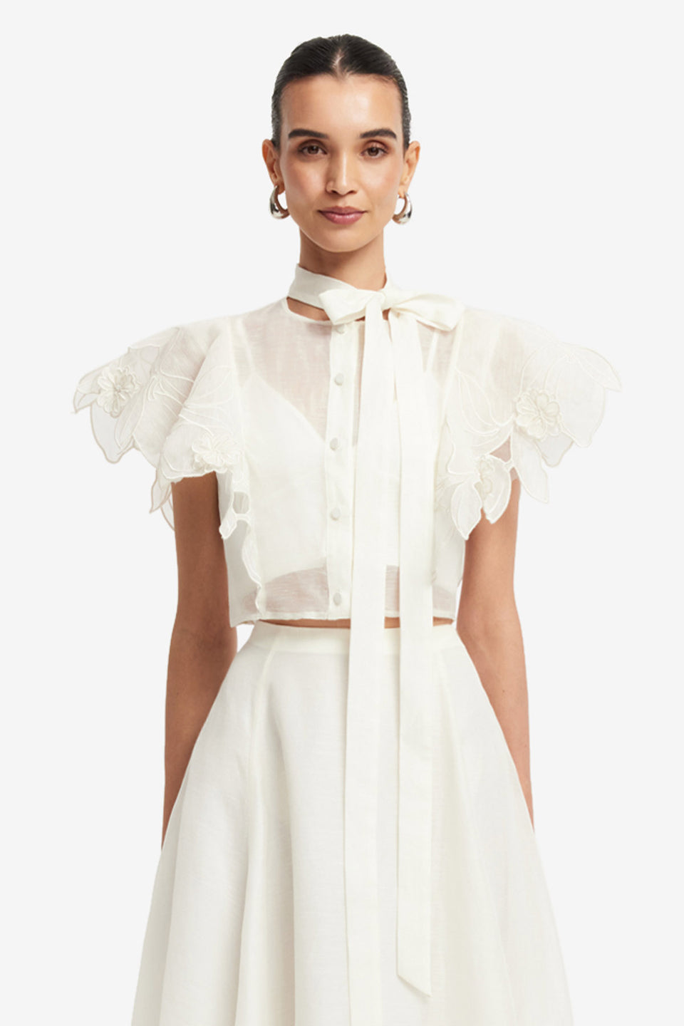 Exclusive LEO LIN Jasmine Applique Flutter Sleeve Top - Snow