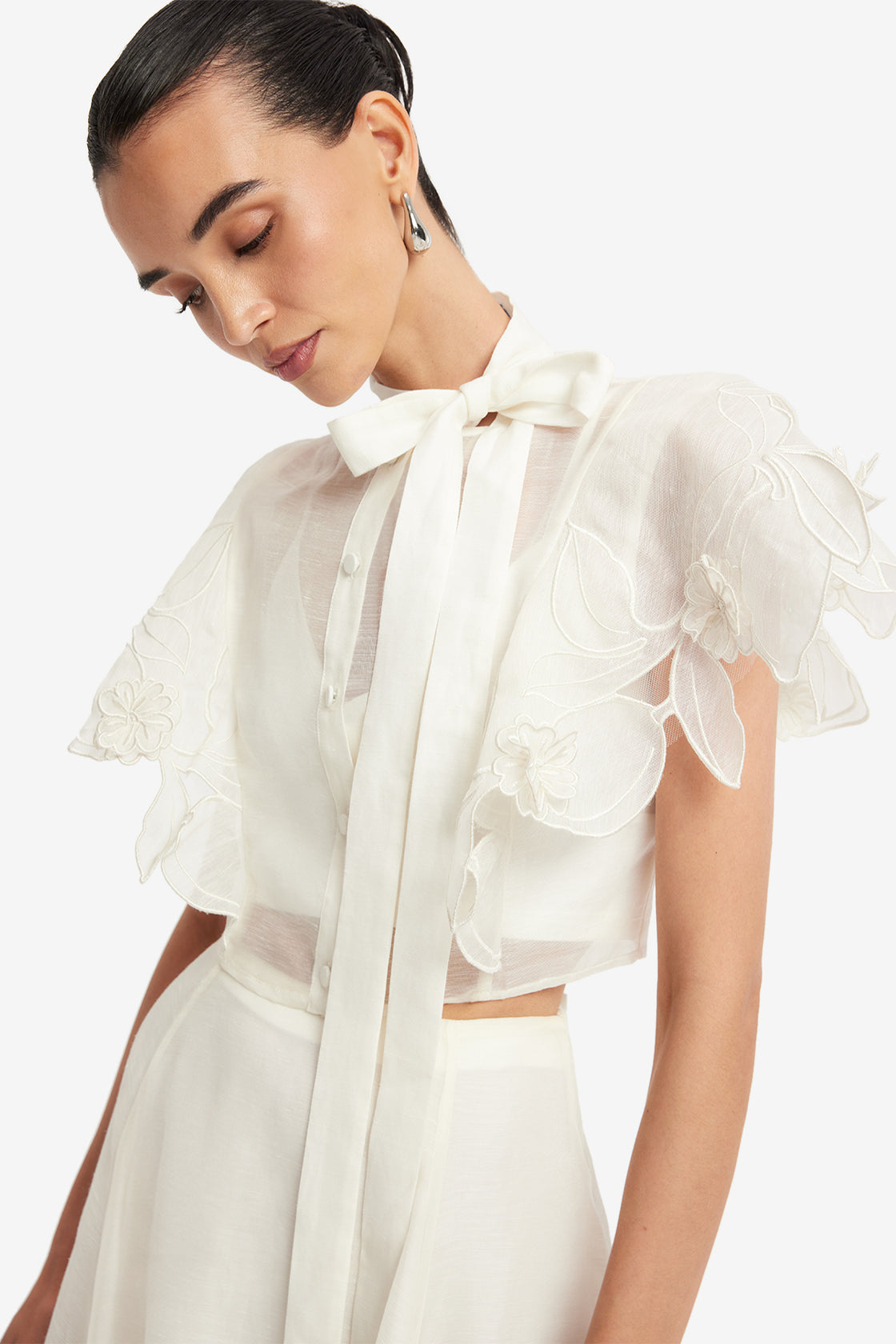 Exclusive LEO LIN Jasmine Applique Flutter Sleeve Top - Snow