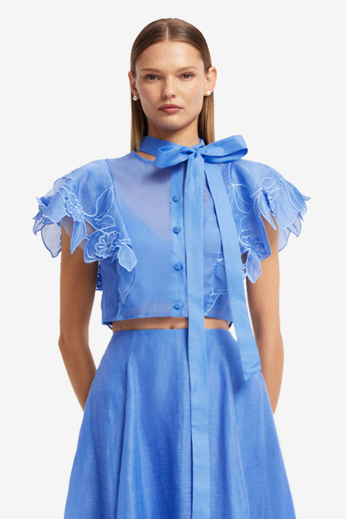 Exclusive LEO LIN Jasmine Applique Flutter Sleeve Top - Azure