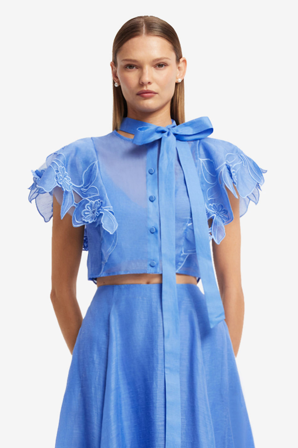 Exclusive LEO LIN Jasmine Applique Flutter Sleeve Top - Azure