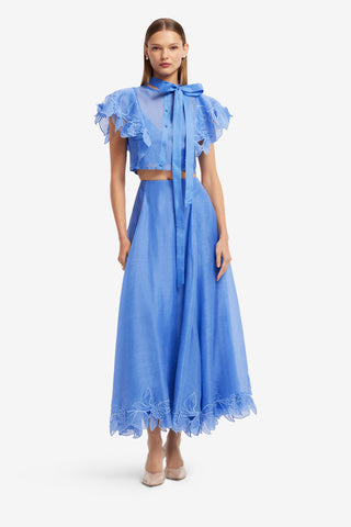 Exclusive LEO LIN Jasmine Applique Flutter Sleeve Top - Azure
