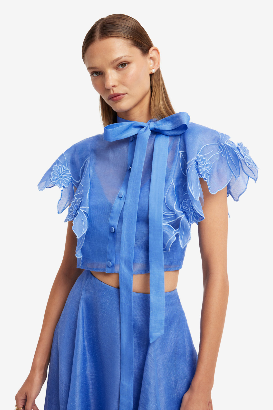 Exclusive LEO LIN Jasmine Applique Flutter Sleeve Top - Azure