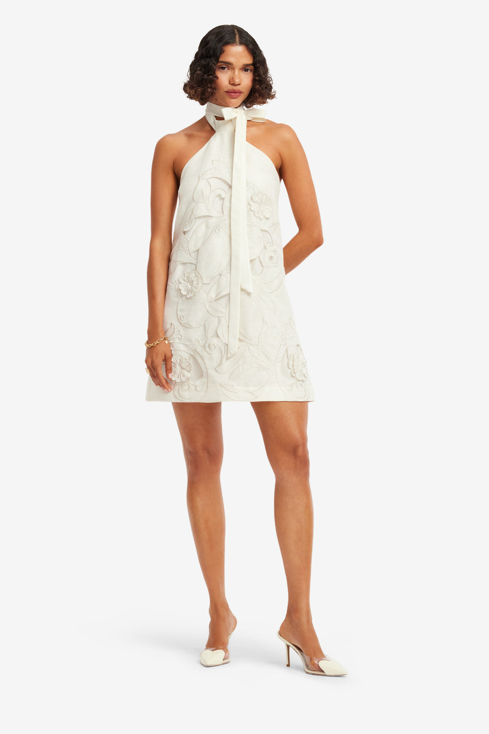 Exclusive LEO LIN Lola Applique Halterneck Mini Dress - Snow