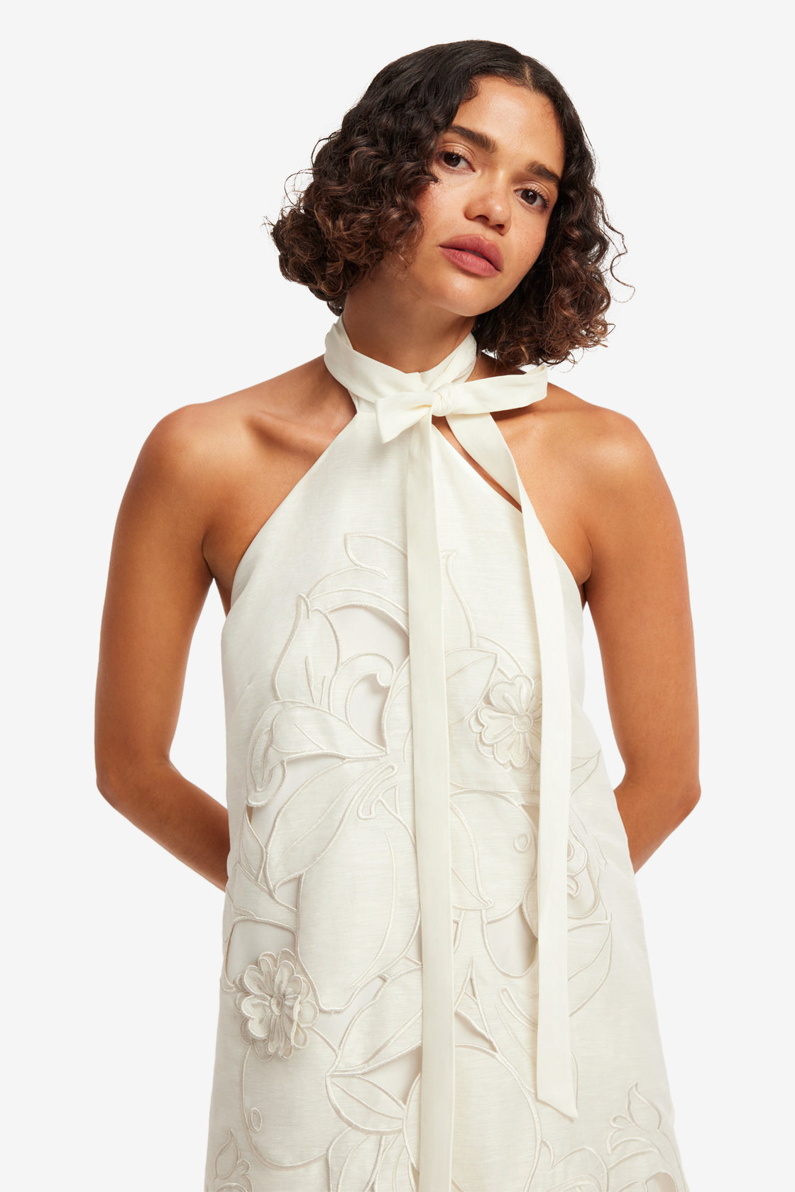 Exclusive LEO LIN Lola Applique Halterneck Mini Dress - Snow