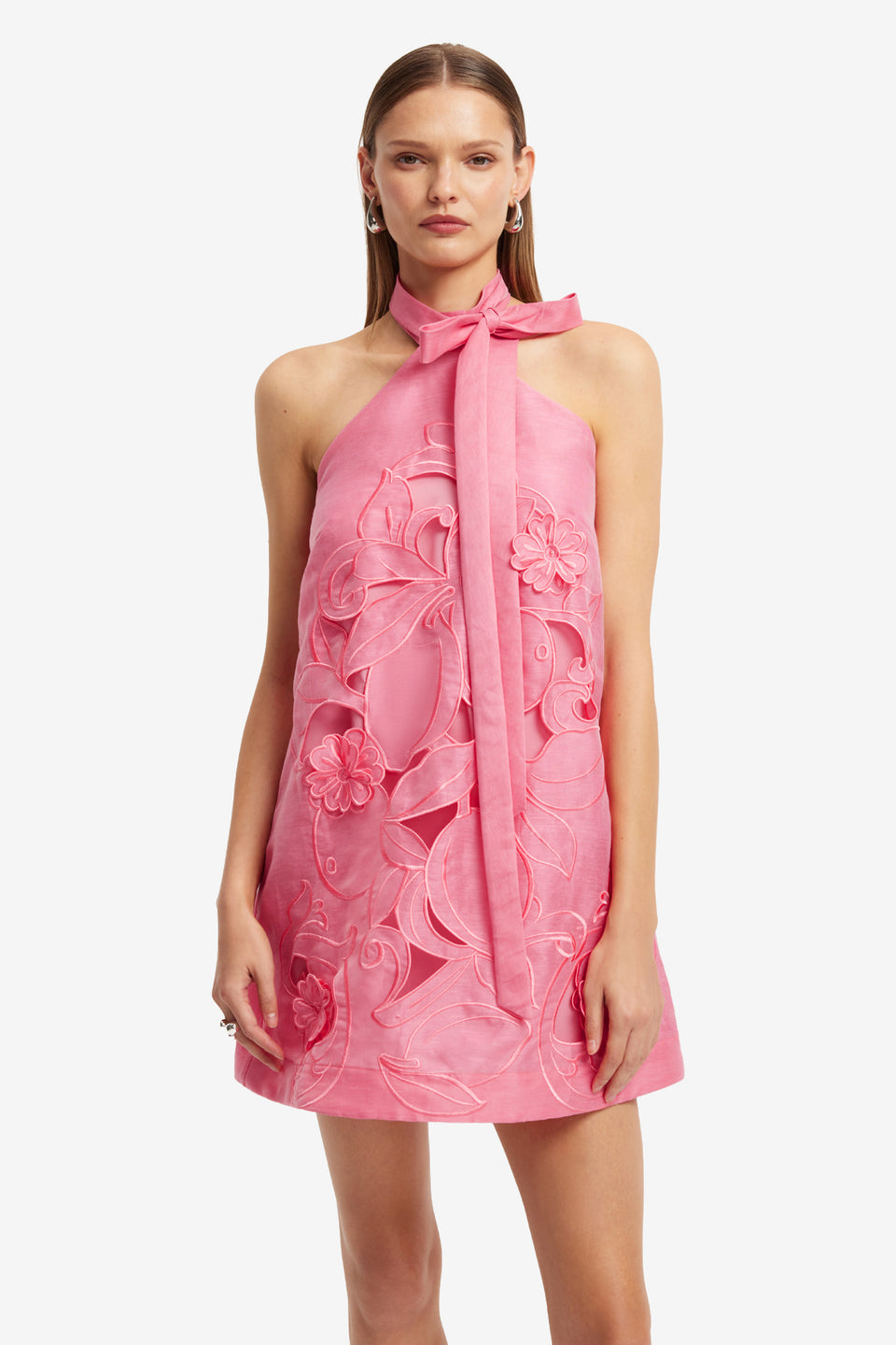 Exclusive LEO LIN Lola Applique Halterneck Mini Dress - Fuchsia