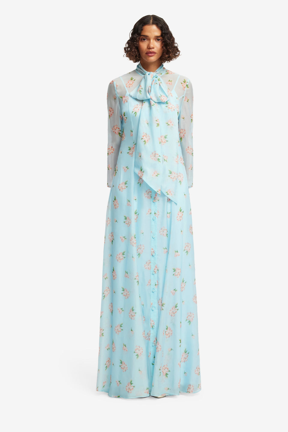 Exclusive LEO LIN Lilith Tie Neck Maxi Dress - Ditsy Floral Print in Blue