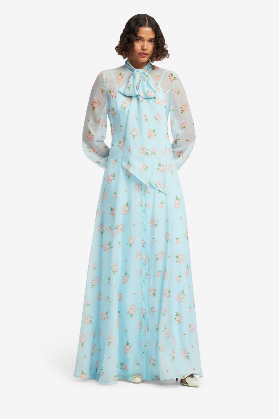 Exclusive LEO LIN Lilith Tie Neck Maxi Dress - Ditsy Floral Print in Blue