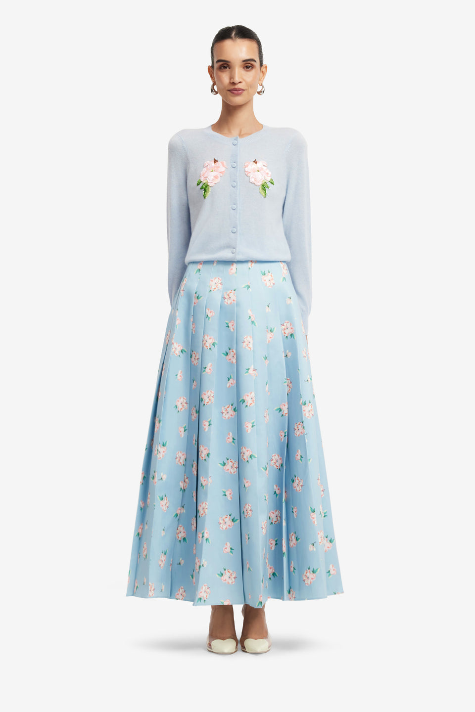 Exclusive LEO LIN June Pleated Maxi Skirt - Ditsy Floral Print in Blue