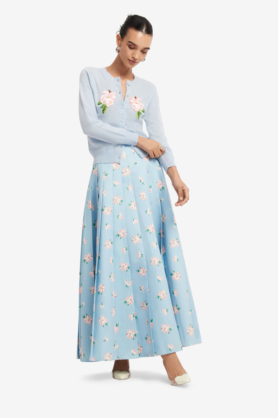 Exclusive LEO LIN June Pleated Maxi Skirt - Ditsy Floral Print in Blue
