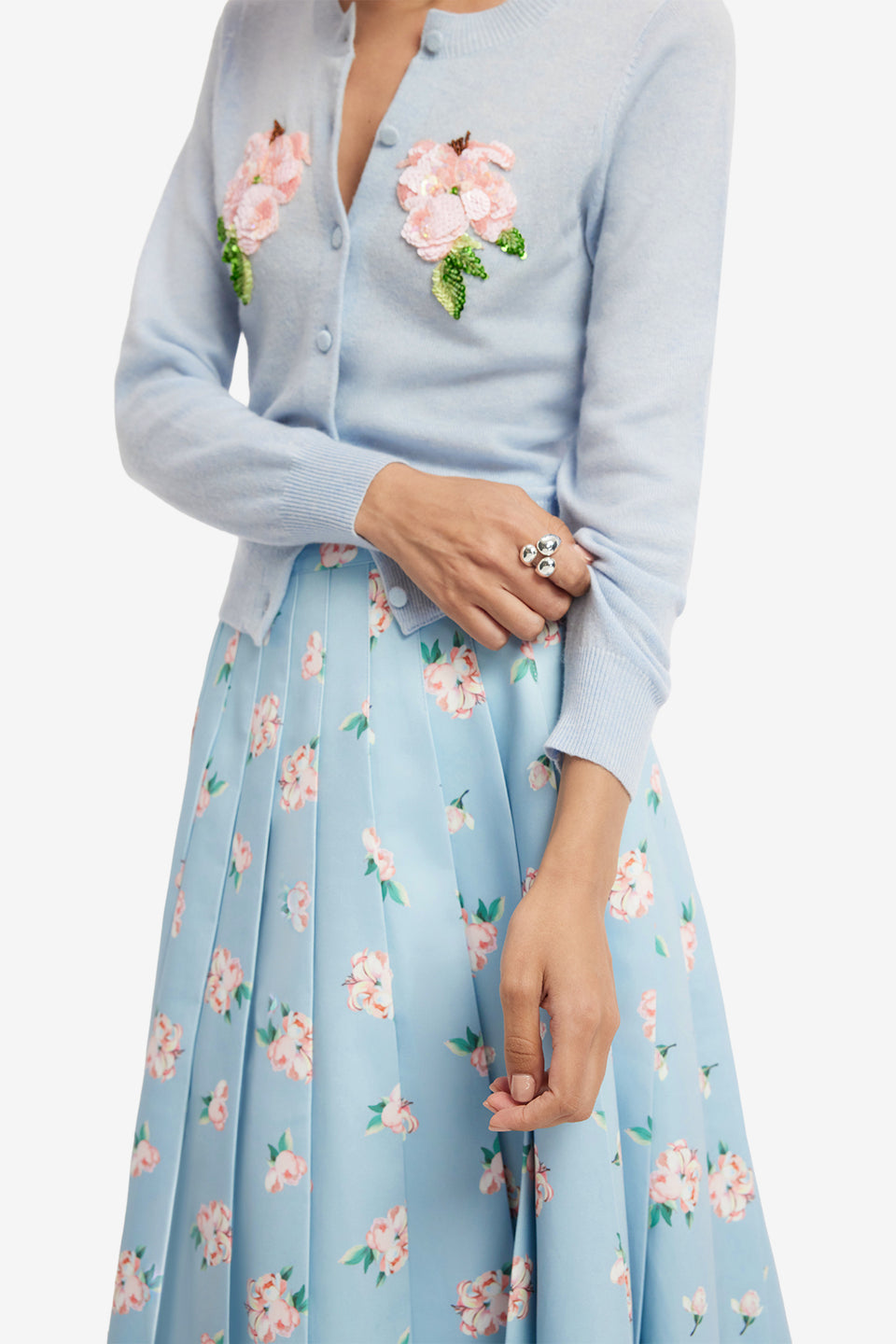 Exclusive LEO LIN June Pleated Maxi Skirt - Ditsy Floral Print in Blue