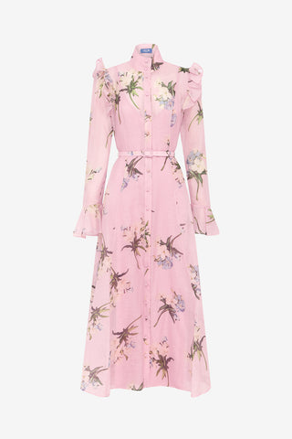 Exclusive LEO LIN Katrina Butterfly Sleeve Midi Dress - Bouquet Print in Pastel Pink