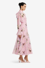 Katrina Butterfly Sleeve Midi Dress - Bouquet Print in Pastel Pink Dress Midi