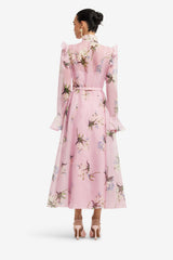 Katrina Butterfly Sleeve Midi Dress - Bouquet Print in Pastel Pink Dress Midi
