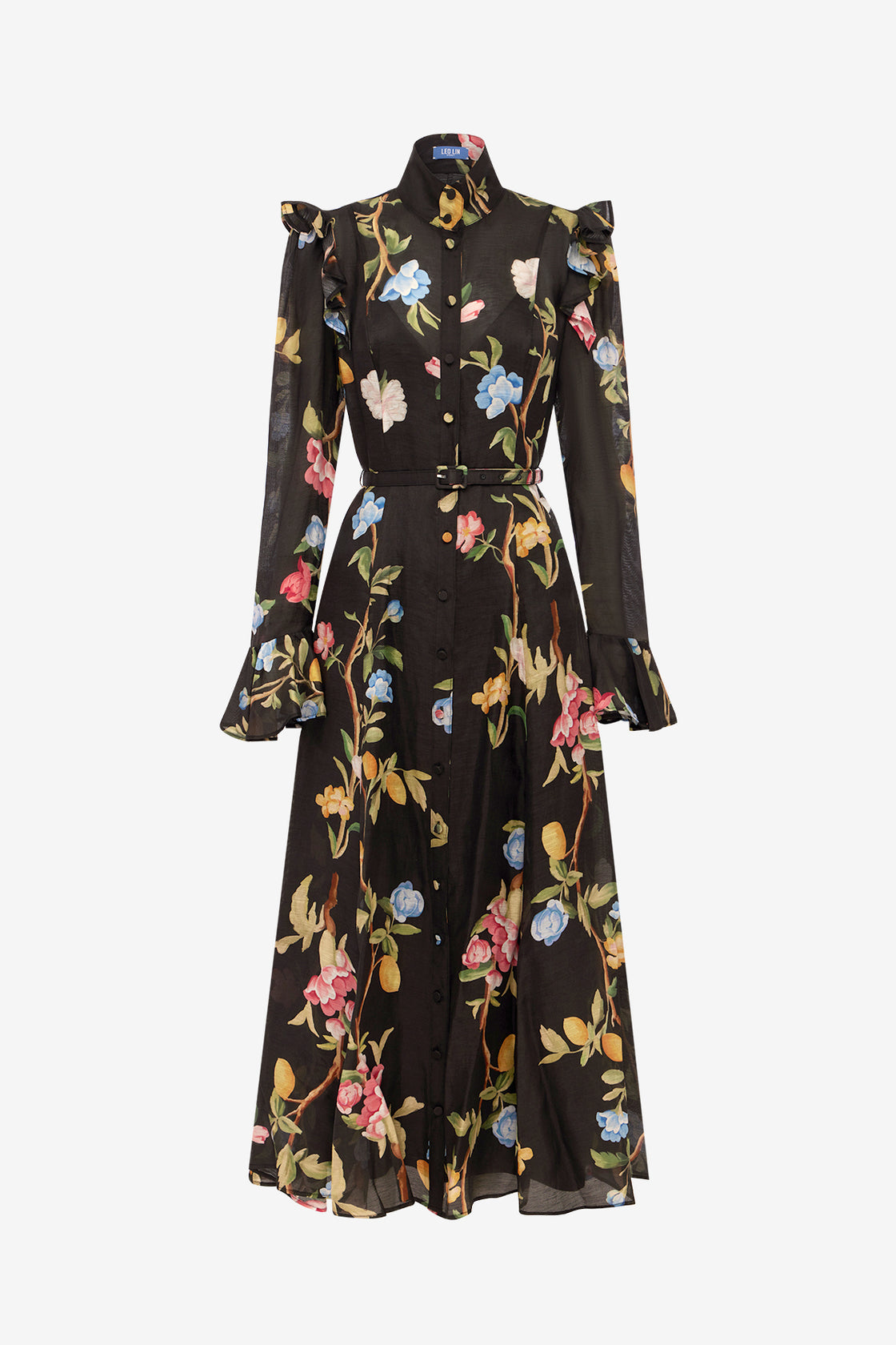 Exclusive LEO LIN Katrina Butterfly Sleeve Midi Dress - Lemon Vine Print in Ebony