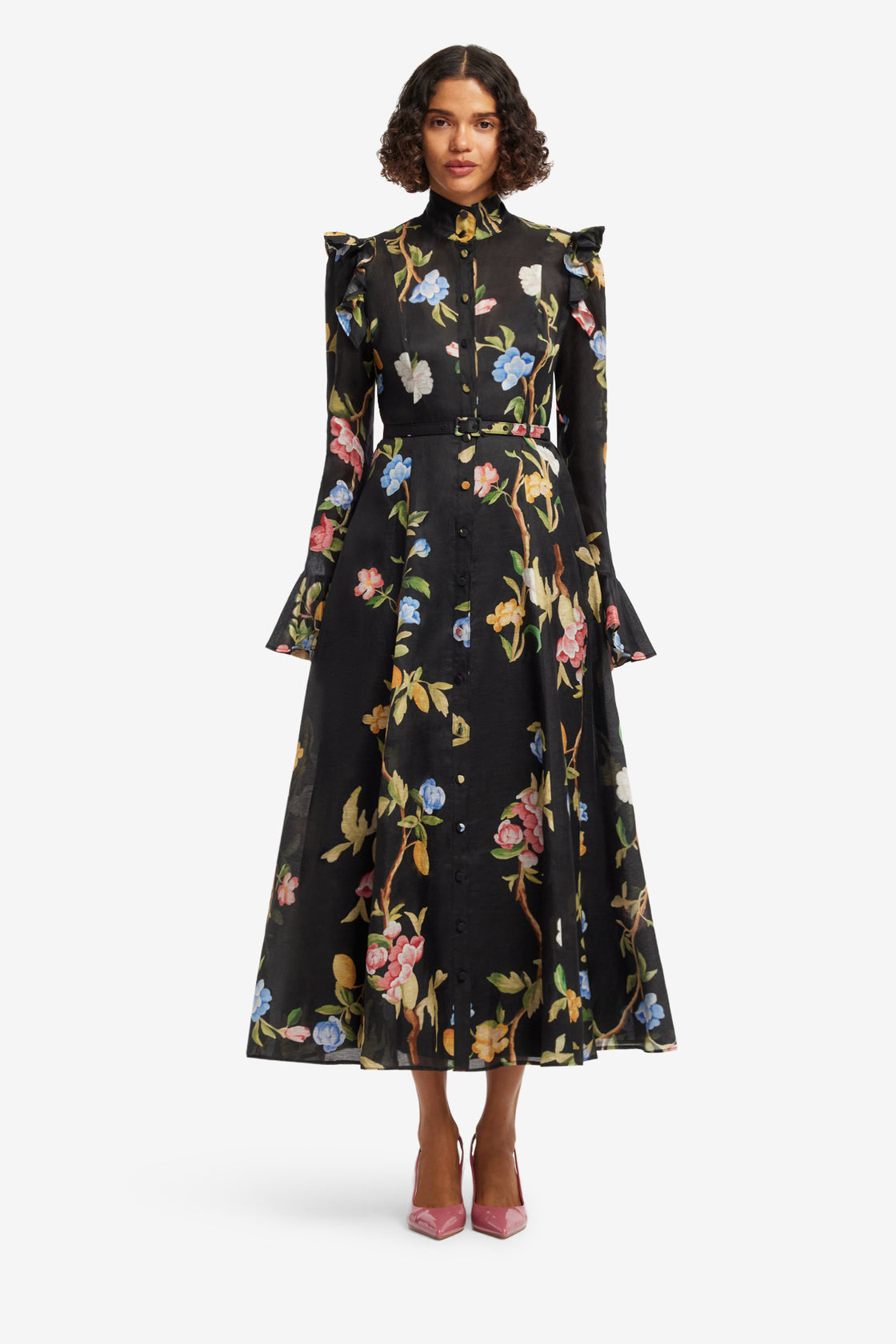 Exclusive LEO LIN Katrina Butterfly Sleeve Midi Dress - Lemon Vine Print in Ebony