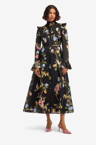 Exclusive LEO LIN Katrina Butterfly Sleeve Midi Dress - Lemon Vine Print in Ebony