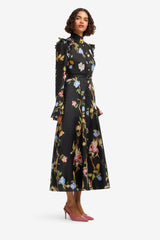 Katrina Butterfly Sleeve Midi Dress - Lemon Vine Print in Ebony Dress Midi