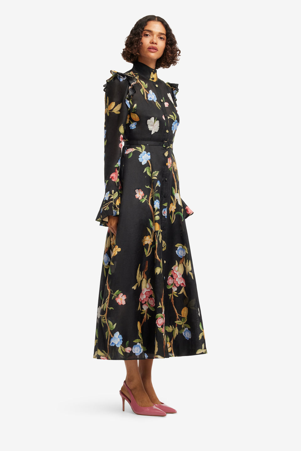 Exclusive LEO LIN Katrina Butterfly Sleeve Midi Dress - Lemon Vine Print in Ebony