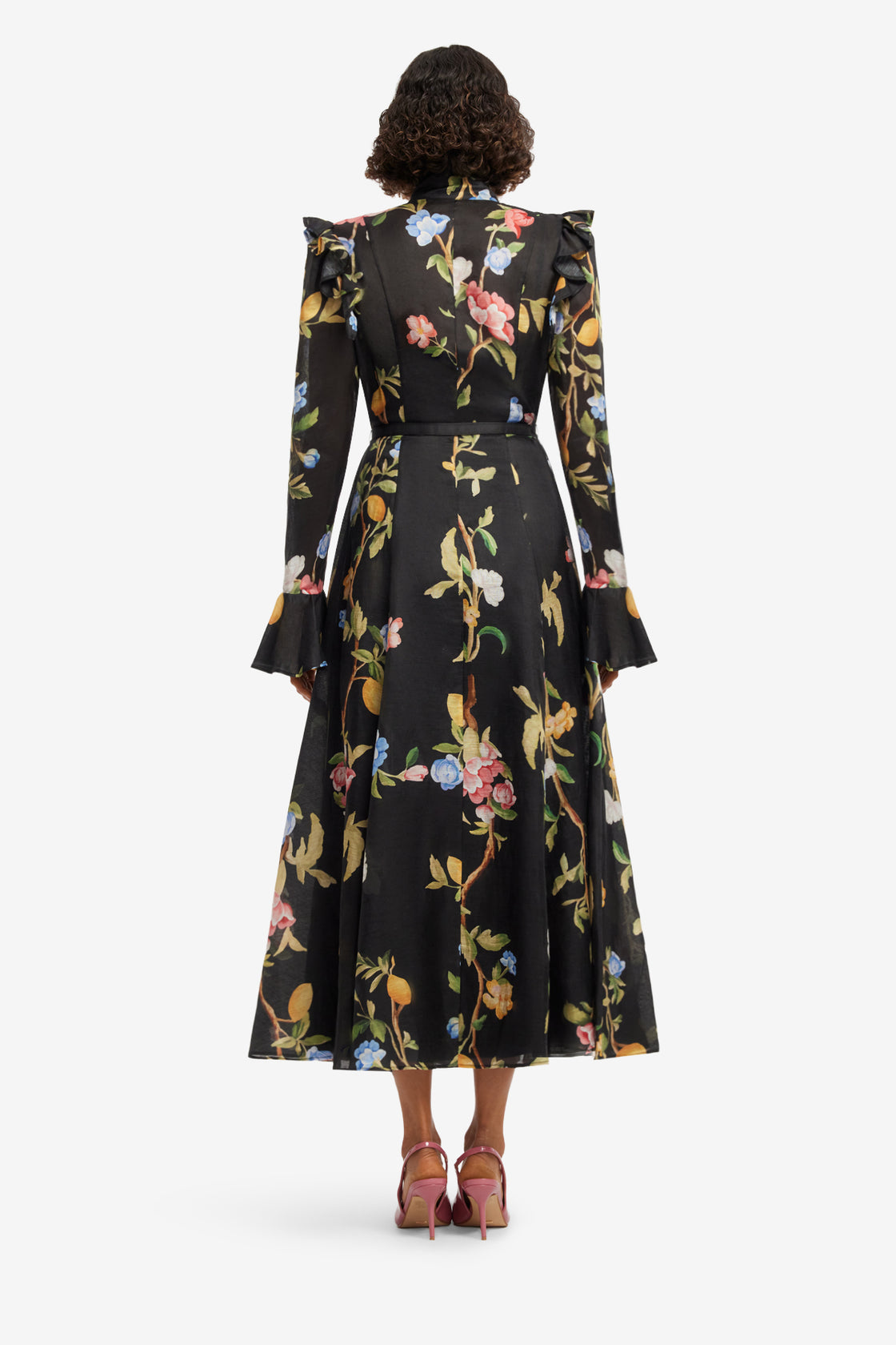 Exclusive LEO LIN Katrina Butterfly Sleeve Midi Dress - Lemon Vine Print in Ebony