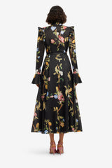Katrina Butterfly Sleeve Midi Dress - Lemon Vine Print in Ebony Dress Midi