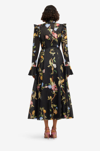 Exclusive LEO LIN Katrina Butterfly Sleeve Midi Dress - Lemon Vine Print in Ebony