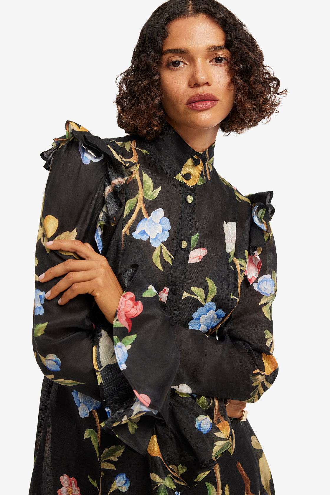 Exclusive LEO LIN Katrina Butterfly Sleeve Midi Dress - Lemon Vine Print in Ebony