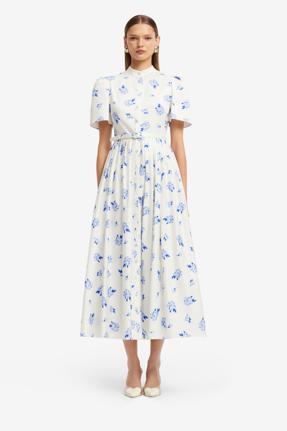 Exclusive LEO LIN Bianca Short Sleeve Midi Dress - Ditsy Floral Print in Snow
