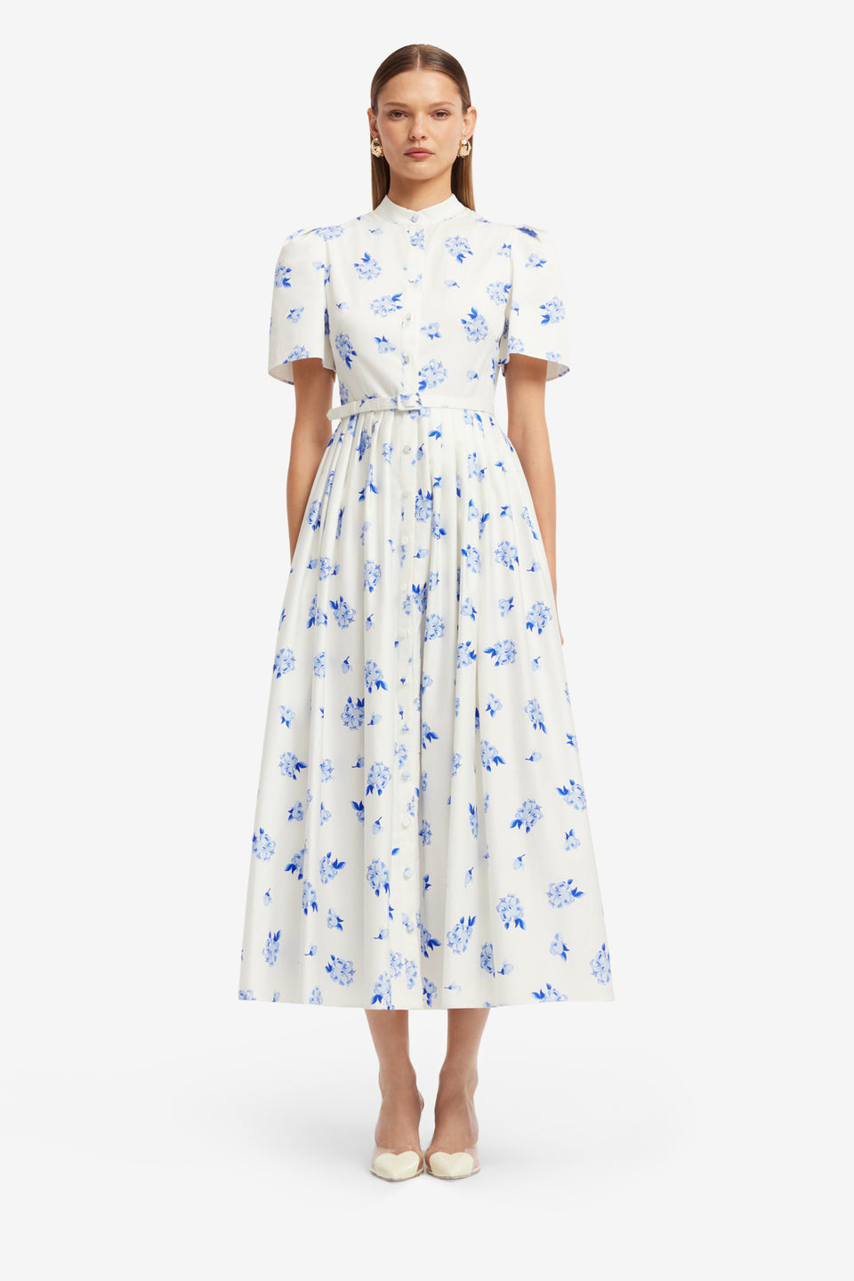 Exclusive LEO LIN Bianca Short Sleeve Midi Dress - Ditsy Floral Print in Snow