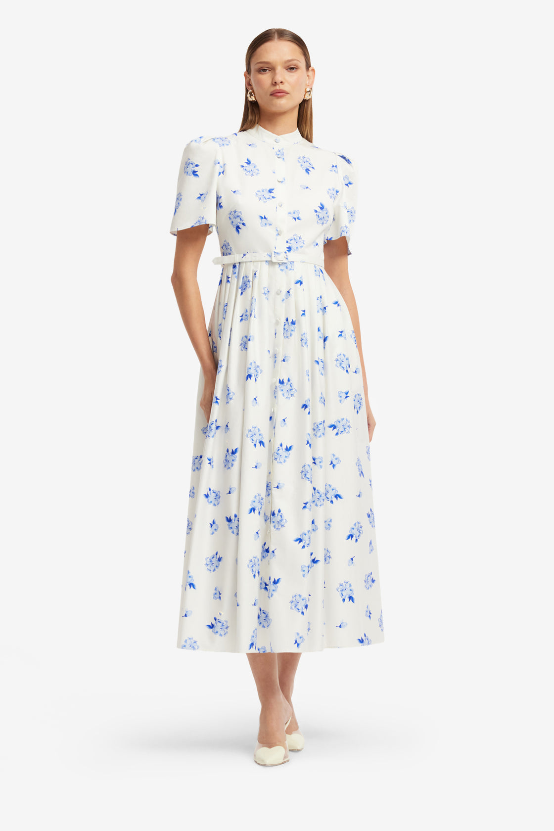 Exclusive LEO LIN Bianca Short Sleeve Midi Dress - Ditsy Floral Print in Snow