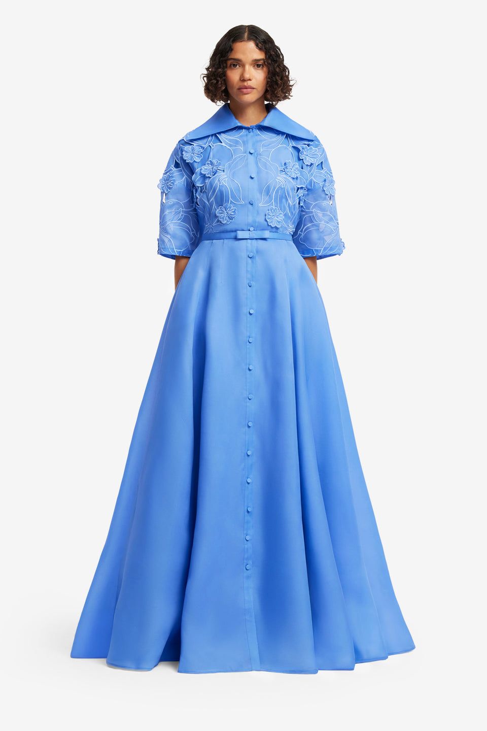 Exclusive LEO LIN Junia Applique Puff Sleeve Silk Gown - Azure