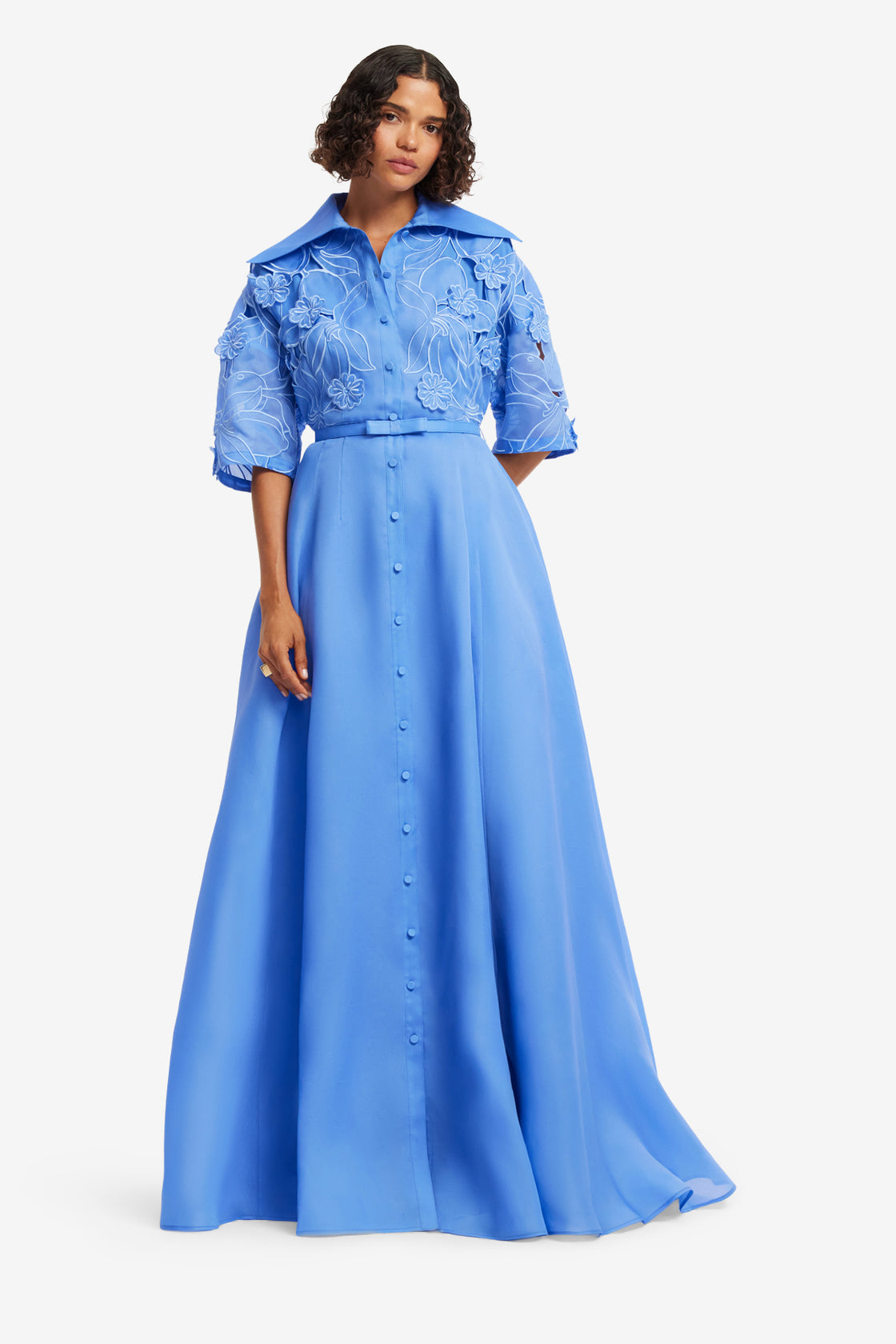 Exclusive LEO LIN Junia Applique Puff Sleeve Silk Gown - Azure