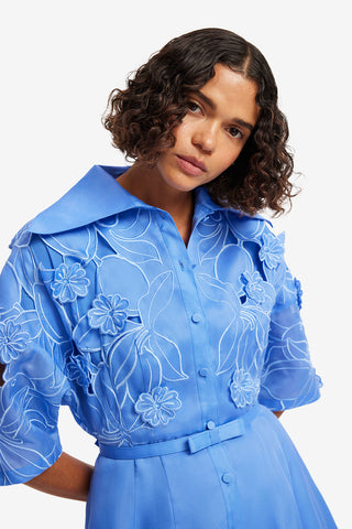 Exclusive LEO LIN Junia Applique Puff Sleeve Silk Gown - Azure