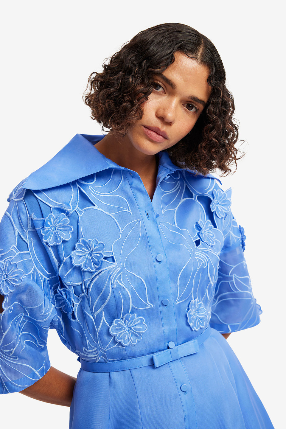Exclusive LEO LIN Junia Applique Puff Sleeve Silk Gown - Azure