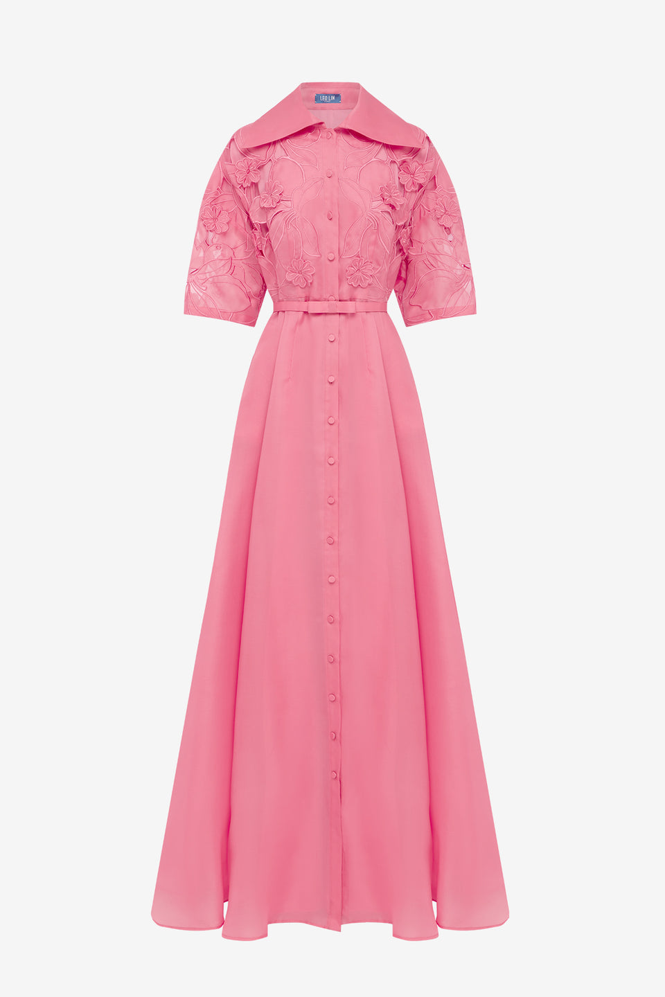 Exclusive LEO LIN Junia Applique Puff Sleeve Silk Gown - Fuchsia
