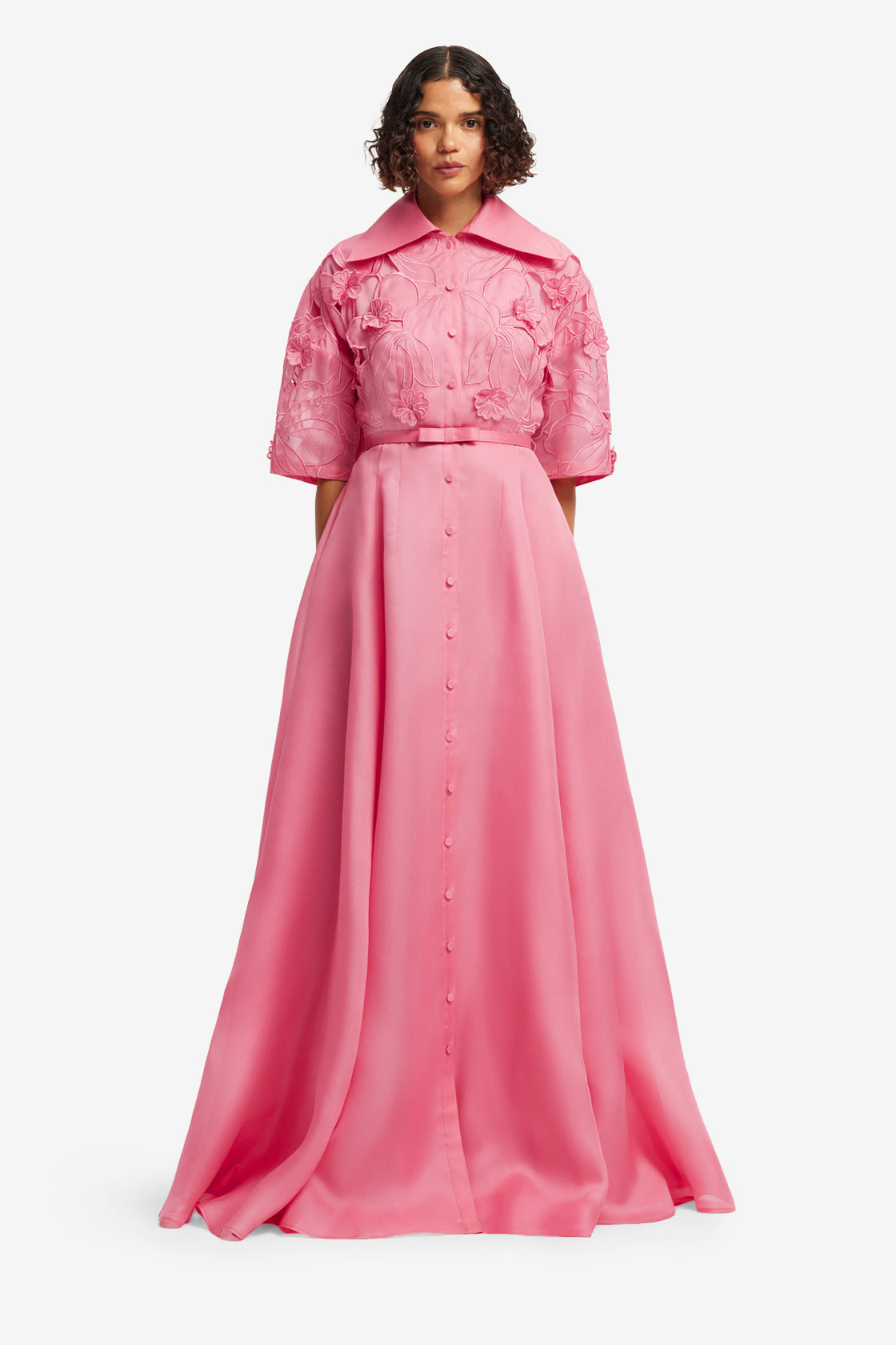 Junia Appliqué Puff Sleeve Silk Gown - Fuchsia Dress Maxi