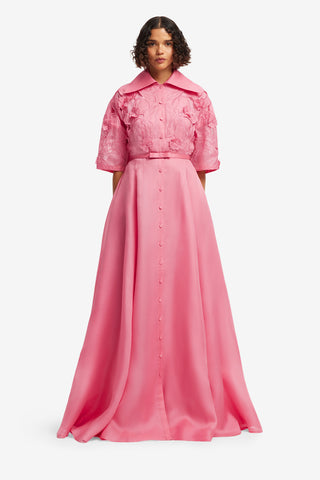 Junia Appliqué Puff Sleeve Silk Gown - Fuchsia Dress Maxi