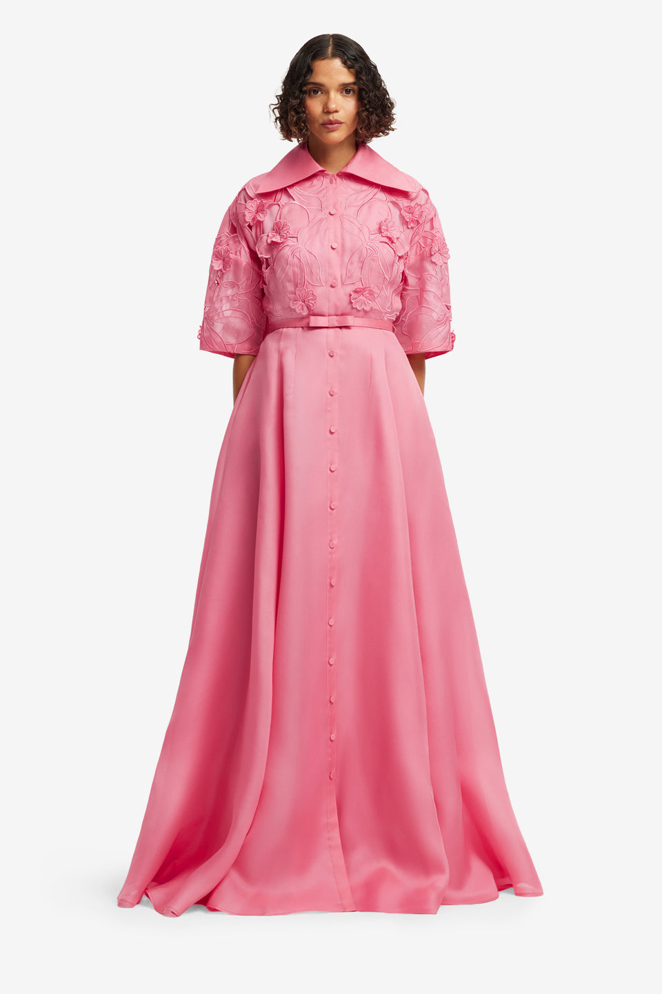 Exclusive LEO LIN Junia Applique Puff Sleeve Silk Gown - Fuchsia