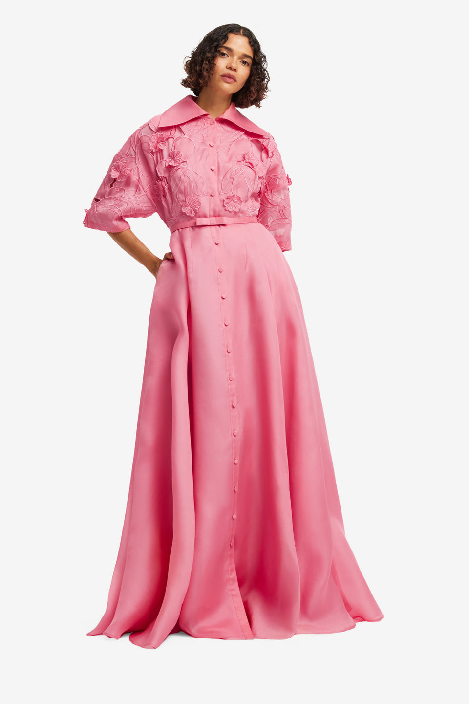 Exclusive LEO LIN Junia Applique Puff Sleeve Silk Gown - Fuchsia