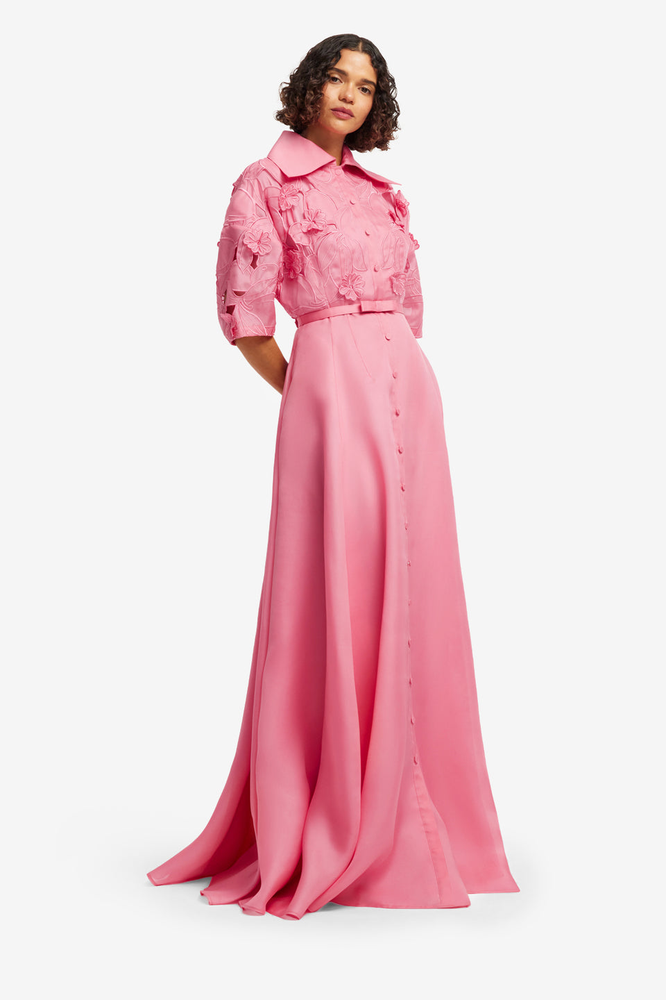 Exclusive LEO LIN Junia Applique Puff Sleeve Silk Gown - Fuchsia