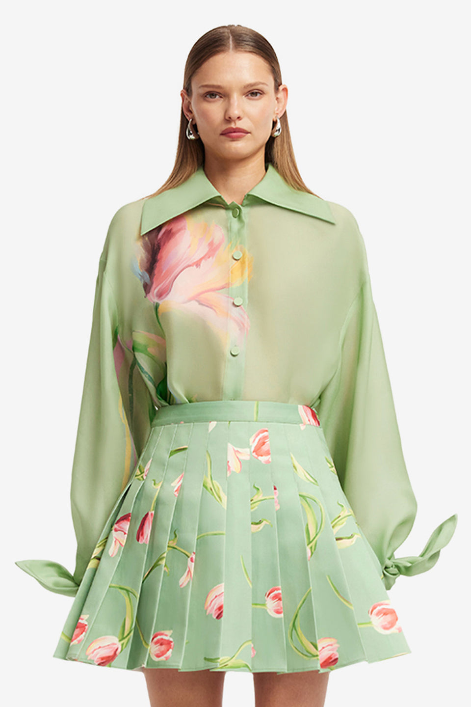 Exclusive LEO LIN Christina Bow Blouse - Tulip Print in Green
