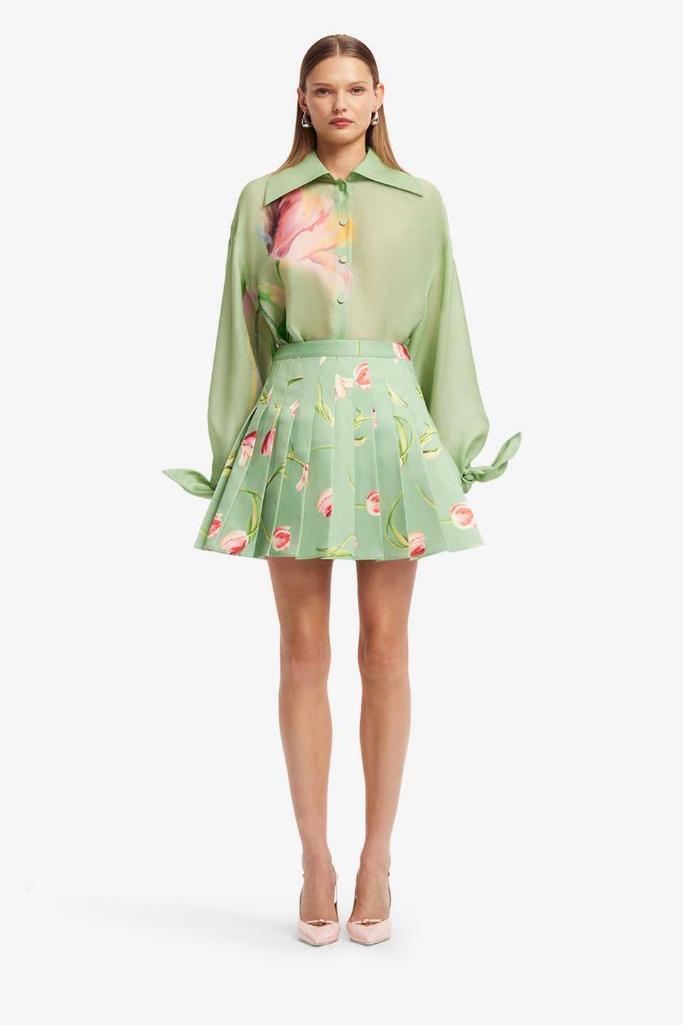Exclusive LEO LIN Melody Pleated Mini Skirt - Tulip Print in Green