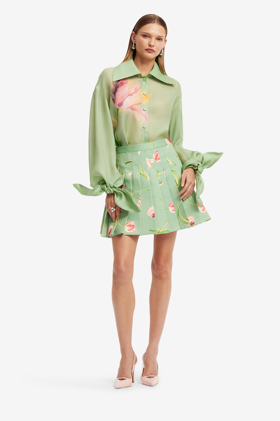 Exclusive LEO LIN Melody Pleated Mini Skirt - Tulip Print in Green